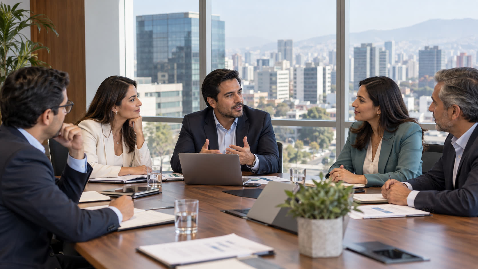 Reunión de negocios frente a la ciudad